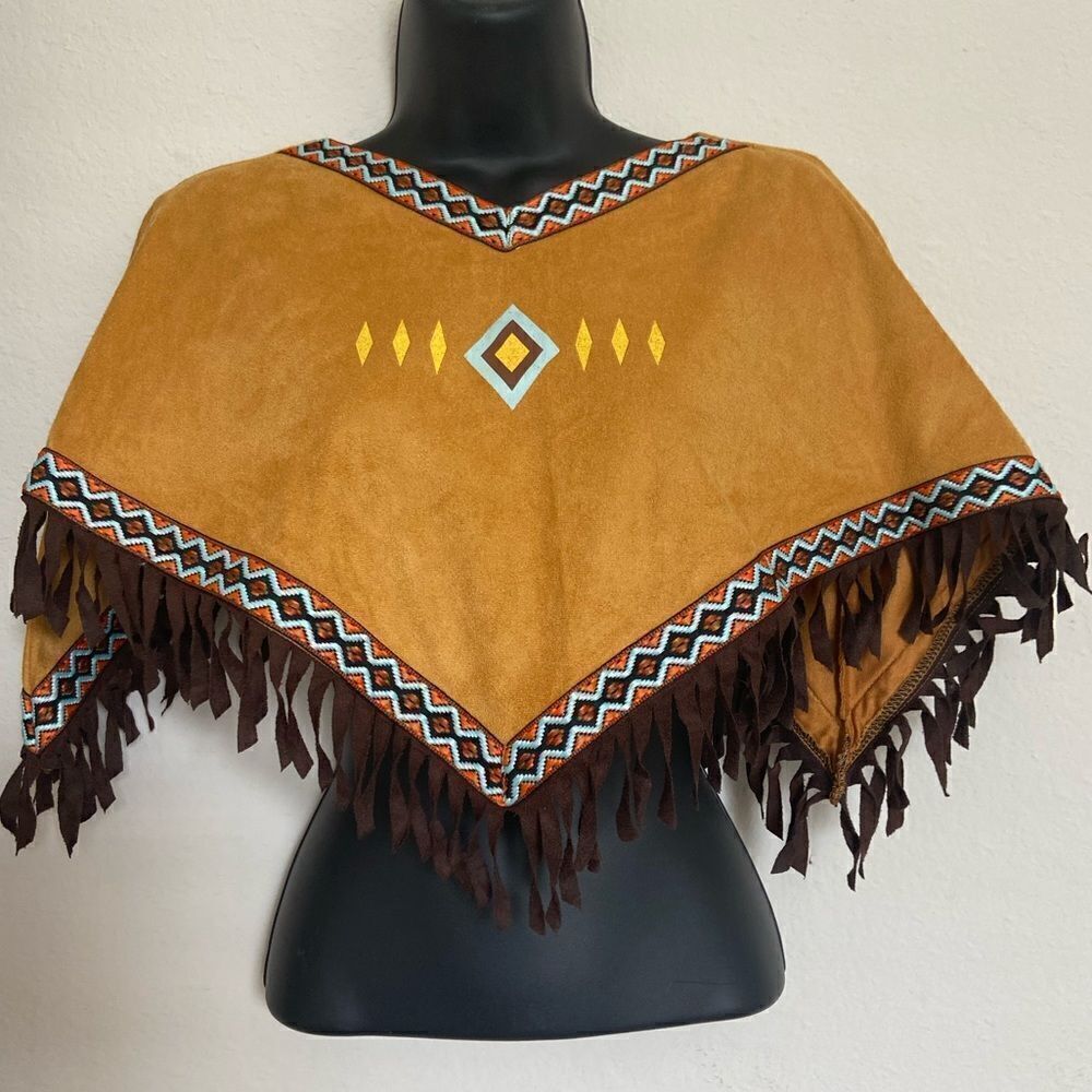 Kids Brown Fringe Poncho with Geometric Trim - Brown